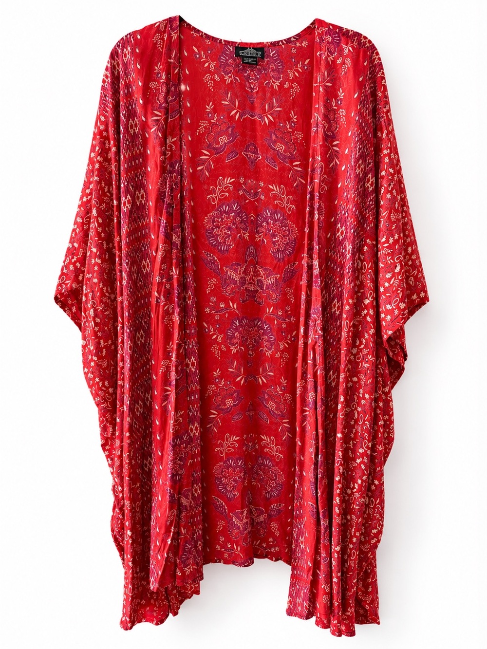 Vintage Angie Red Boho Floral Paisley Open Front Kimono Size L